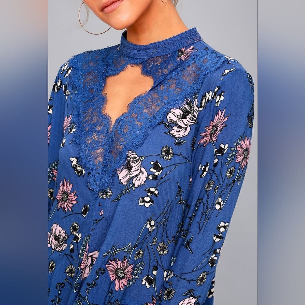 Lulu's New You Royal Blue Floral Print Lace Long Sleeve Swing Dress Size Small - Picture 7 of 7